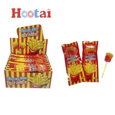 China Natural Sweet French Fries Shaped Lollipop With Light Stick Fruit Flavor Hard Candy Lollipop for sale