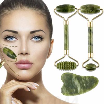 China Face Slimming Roller 2pcs Jade Massagers Health Gua Sha Scraper Set Skin Care Stone Gouache Massage White Slimming Regimen for sale