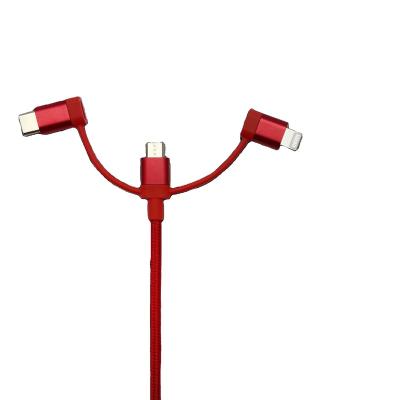 China Camera 3-in-1 Braided Phone Charging Cable USB-A to Micro B Lightning and USB-C/Type C Red 1M for sale