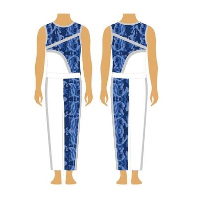 China Blue And White Dance Cheerleader Leg Warmers Boys Leotard Fringe Sequin Breathable Cheerleading Uniforms Mens Dance Cheerleading Costume for sale