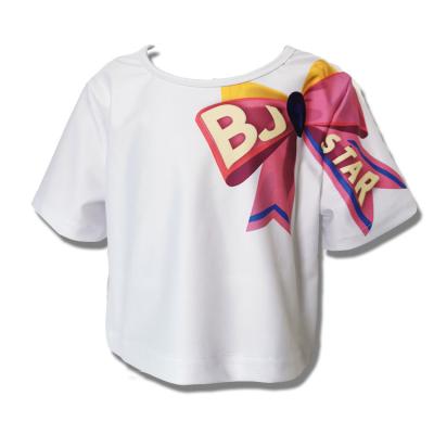 China Wholesale Anti-Shrink 82%Polyester+18%Spandex Short Sleeve Silk Screen Printing Bows Kids Girls Cheerleading Crop Tops Plain White T-shirts for sale