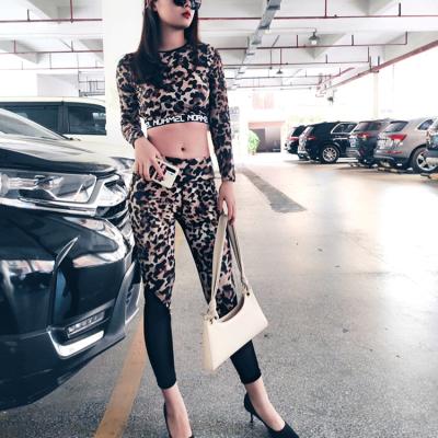 China Antibacterial wholesale fashion leopard print yoga sports suits high waist fitness yoga set high wear two piece short set for sale