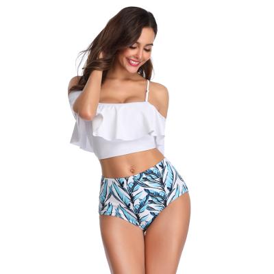 China Breathable Amazon Women Two Piece Off The Shoulder Ruffled Ruffle Crop Bikini Top With Base Print Swimsuit Women for sale