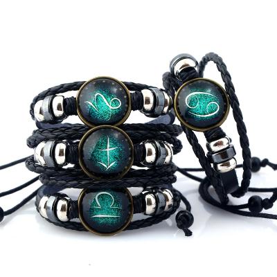 China 2019 New 12 Zodiac Bracelet Leather Men Leather Bracelet Charm Bracelets For Women Men for sale