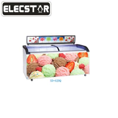 China Double-temperature commercial chest freezer / island showcase with curved glass cream /ice cream /sliding lid /gelato display case for sale