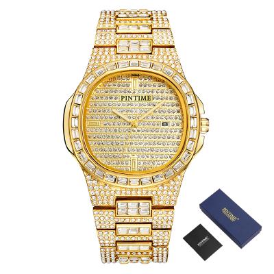 China Day/Date Shape Gold Diamond Iced Out Watch Men Women Quartz Steel Mens Watches Top Brand Luxury Hip Hop Relogio Masculino Clock Reloj for sale