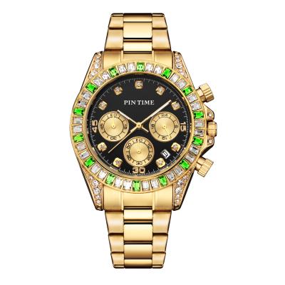 China PINTIME Hip Hop Alarm 2020 Men Diamond Watch Leopard Chronograph Luxury Brand Mens Watches Iced Out Quartz Steel Clock Gold Relojes for sale