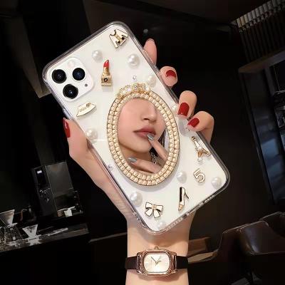 China High Quality Beautiful Transparent Diamond Butterfly Girl Makeup Mirror Mobile Phone Case for sale