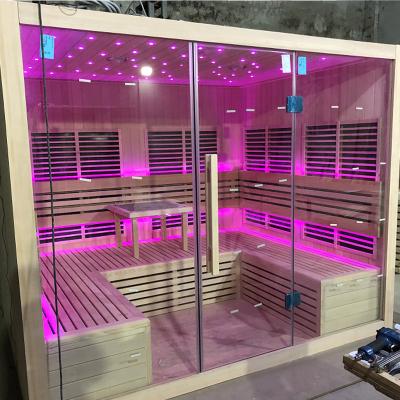 China Promotional Corner Outdoor Hemlock Sauna Manufacturer Far Infrared Wood Sauna Rooms Computer Control Panel Sauna Indoor Room for sale