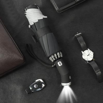 China Farm Three Folding Inverted 10 Ribs Automatic Bumbershoot Umbrella With LED Flashlight Reflective Stripe Reverse Light Umbrella for sale