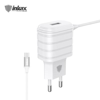 China Cell Phone Inkax 2.1A CD-09 with Buit-in EU Quick Plug Cable 1USB Charger Mobile Phone Trave/Wall Charger Adapter for MICRO IP TYPE C for sale