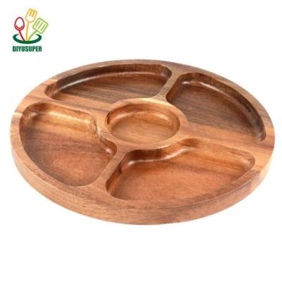 China Acacia Round Shape Disposable Wooden Food Divided Dish Dessert Snack Dish Tableware Tray Round Divided Tray for sale