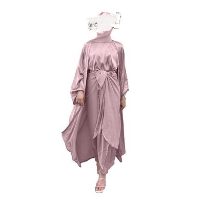 China Polyester Malaysian Women's Solid Color Cardigan Robe Satin Three-piece Suit Arab Dress Long for sale