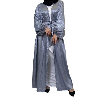 China Muslim Satin Dress Printed Satin Long Sleeve Feather Cardigan for sale