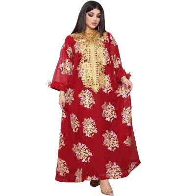 China Muslim Summer New Middle East Dubai Polyester Abaya Clothing sillin Embroidered Ostrich Fur Robe Gold Floral Dress for sale