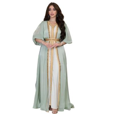 China Hot Luxury Luminous Silk Satin Abaya Robe Light Polyester Muslim Women's Drill Three-Piece Dress Suit for sale