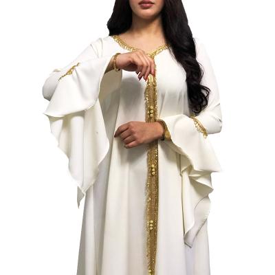 China Polyester middle eastern malaysian lotus sleeve embroidered gold flower-edged dress jalabiya elegant muslim woman for sale