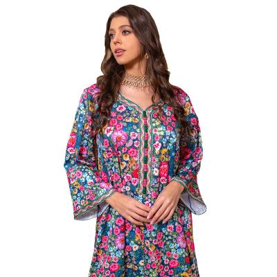 China Wholesale Polyester Islamic Clothing Long Sleeve Maxi Dresses Kaftan Gulf States Floral Printed Loose Clothing for sale