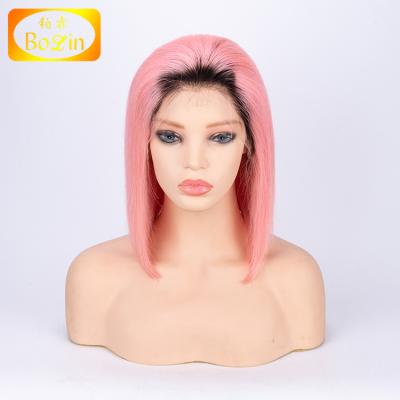 China BOB Popular Human Hair Full Lace Wig Ombre Dark Root Straight Human Hair Pink Straight BOB Lace Wig Silky Straight Wig for sale