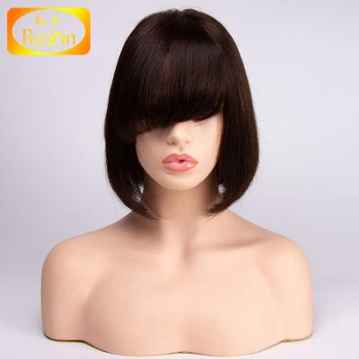 China Wholesale Price Swiss Lace Peruvian Human Hair Wig Natural Black Short Bob Cut Lace Wig 10 Inches Bangs Wig for sale