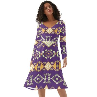 China Anti-pilling Custom Printed Ladies Long Sleeve Midi Dress Cross Long Sleeve One piece Dress Sundress Holiday Dress For Women for sale