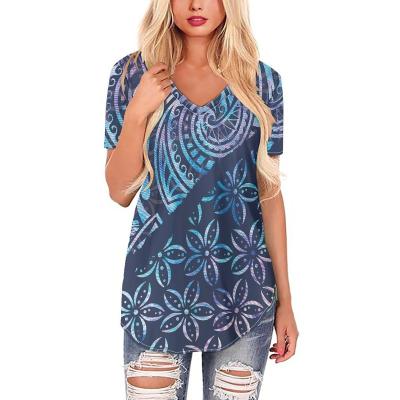 China Anti-Static Casual Women T-Shirt Polynesian Tribal Print Short Sleeve T Shirt Women V Neck Tshirt Summer Ladies Tee Shirt New for sale