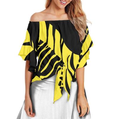 China Anti-pilling Black And Yellow Polynesian  Chiffon Shirts For Women Hot Sale Wholesale Girls' Off Shoulder Blouse Summer Oversized Blouse for sale