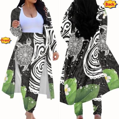 China Anti-pilling Polynesian Tattoo Custom Logo 2 piece Set Pants Women Long Cardigan for Women Lightweight Open Front Jacket Coat Outwear for sale