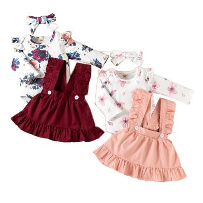 China Breathable Newborn Babies Dress Pleated Floral Set Velvet Suspend Skirt Headband Baby Romper for sale