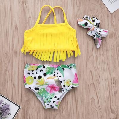 China Breathable Fruit Print Watermelon Swimsuit With Tassel For Baby Three Piece Swimming Set for sale