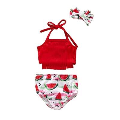 China Wholesale Breathable Kids Swimwear Tassel Halter Watermelon Printed Red Baby Little Girls Swimsuit Set for sale