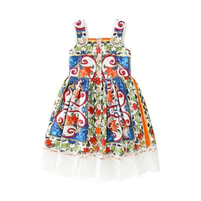 China 2020 Summer New Girls' Dress European-American Style Girl's Breathable Vintage Printed Lace Princess Dress for sale