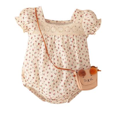 China 2022 Summer Eco-friendly Washable Breathable Jumpsuit Clothes Bubble Sleeve Hollow Out Flower Newborn Apricot Baby Romper for sale