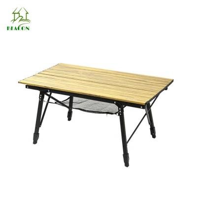 China Modern Portable Aluminum Roll Folding Wood Grain Height Adjustable Outdoor Camping Table for sale