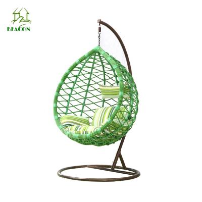 China Contemporary Indoor Outdoor Comfortable Leisure Metal Stand PE Rattan Round Shaped Hanging Patio Swing Chair for sale