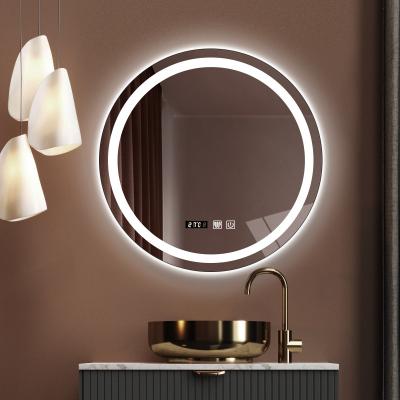 China Hotel Custom Villa Illuminated Single Switch Degogger Double Bath Led Mirrors Round With Time Clock Display for sale