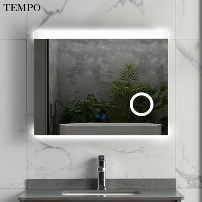 China Light Touch Switch Magnifier IP44 Mirror Smart Bathroom Frameless Time Display Led Mirror With Bluetooth Speaker for sale