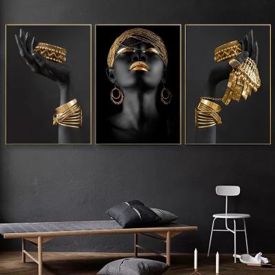 China Abstract Art Posters and Prints Big Black Woman Paintings Holding Gold Jewelry Canvas Picture frames African Woman Wall Painting for sale