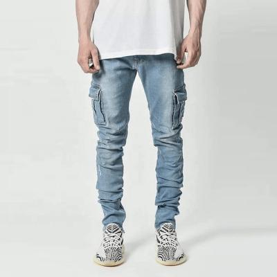 China Custom Made Mens Viable Wholesale Sellers Men's Light Blue Skinny Cargo Jeans Clothing Waist Jeans Side Pockets for sale