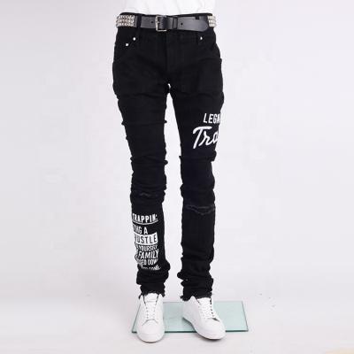 China Breathable 2021 New Fashion Custom Blue Stack Stacked Embroidery Black Jeans Printed Jeans Men for sale