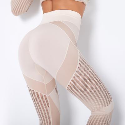 China Breathable Seamless Exercise Yoga Quick-Dry Hole Mesh Long Sleeve Striped Seamless Fitness Pants Yoga Suit Gym Clothing Sets for sale