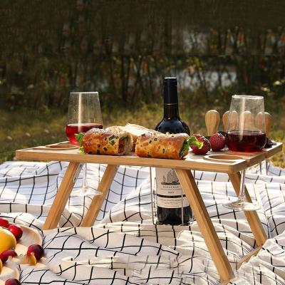 China Wholesale Cheap Portable/Foldable Outdoor Portable Bamboo Wood Picnic Table with Custom Snack Tray Beach Wine Wine Glass Stand Folding Table for sale