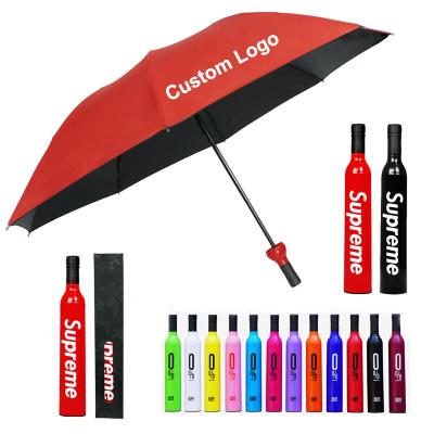 China Promotion Contemporary Gift Cheap Wine Bottle Umbrellas, Pocket 3 Times Bottle Shape Base Portable Umbrella With Logo Prints Customized/ for sale