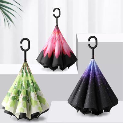 China Fashion Contemporary Wholesale Reverse Umbrella, Plastic Portable Canopy C Handle Car Double Canopy Straight Advertising Umbrella for sale