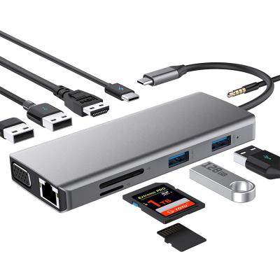 China 11-en-1 USB C Estación de acoplamiento Multiport Hub HDMI 4K 60Hz SD / TF Lector de tarjetas 3 * USB 3.0/100W en venta