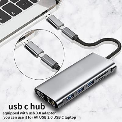 China 12 en 1 Dual HDMI USB C Hub USB C Estación de acoplamiento Adaptador VGA Ethernet 100W PD en venta