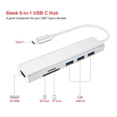 중국 USB C 6 인 1 멀티포트 어댑터에서 HDMI 스플리터 USB-A 3.1 타입 C 데이터 포트 100W PD SD 카드 리더 판매용