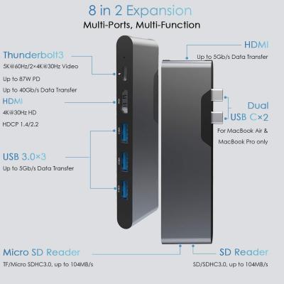 China Adaptador multiporte HDMI 8 em 1 Conector duplo USB Tipo C Hub Estação de acoplamento SD Tf Card Reader 4k Video Usbc à venda