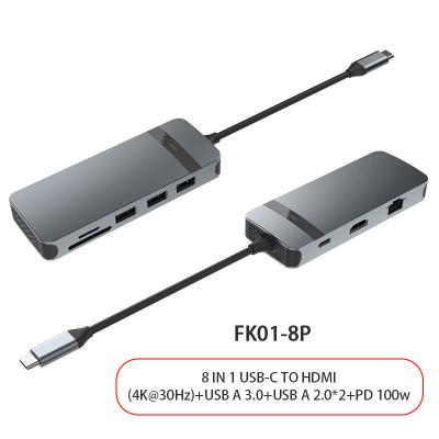 China 8 in 1 USB C Hub Adapter Dongle 4K HDMI VGA Typ C PD USB3.0 RJ45 Ethernet SD/TF zu verkaufen