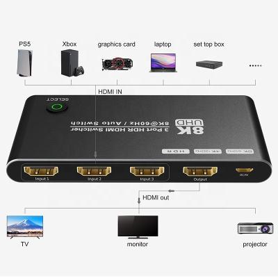 China 8K HDMI Switch 3 In 1 Out Ondersteuning 3 HDMI Input 8K 60Hz 4K 120Hz Geavanceerde technologie Te koop